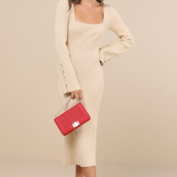 Lulus Classy Attitude Beige Ribbed Square Neck Midi Sweater Dress - Size XS - Picture 1 of 2